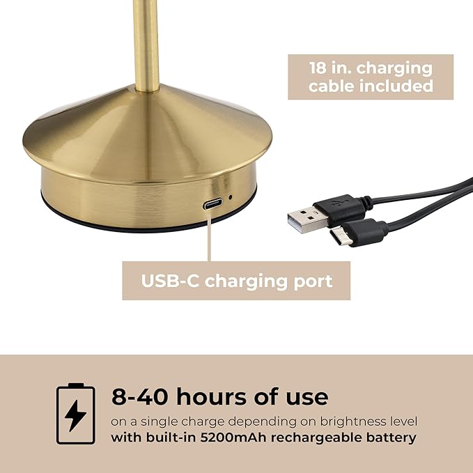 Orbit LED Cordless USB-C Re-Chargeable Desk Lamp, 5200mAh Battery Operated with 3 Color Temperature 2700K-3000K-3500K and Fingertip Touch On/Off Plus Dimming in Satin Brass