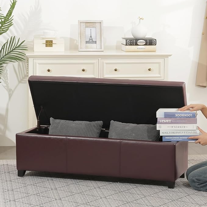 Joveco 47 Inch Storage Ottoman Bench,Tufted Leather Storage Bench with Nailhead Trim for Bedroom (47”,Auburn)