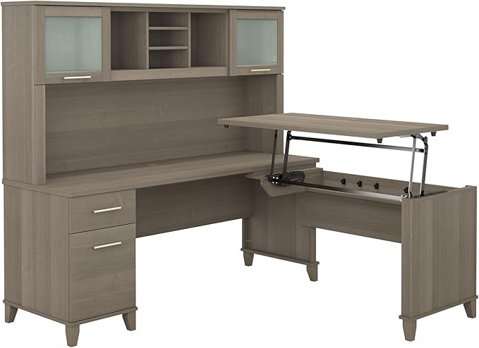 Bush Furniture Somerset 72W 3 Position Sit to Stand L Shaped Desk with Hutch in Ash Gray | Adjustable Height Table for Home Office