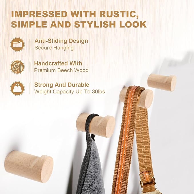 Wood Wall Hooks, 4 Pack Natural Wooden Coat Hooks Wall Mounted, Rustic Hat Hooks, Heavy Duty Entryway Wall Hangers for Hanging Purse, Towels, Clothes, Backpack