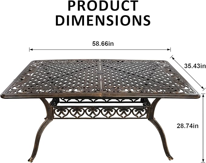 60" Rectangular Patio Dining Tables for 6 Person Cast Aluminum Round PatioTable with 2.5" Umbrella Hole, Wrought Iron Patio Bistro Table Metal Outdoor Bistro Dining Table for Garden,Bronze