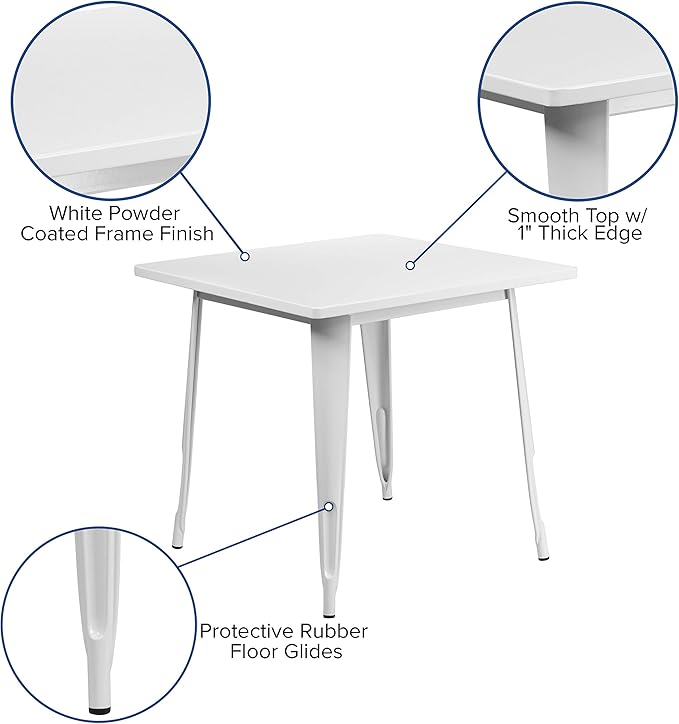 EMMA + OLIVER Commercial Grade 31.5" Square White Metal Indoor-Outdoor Table
