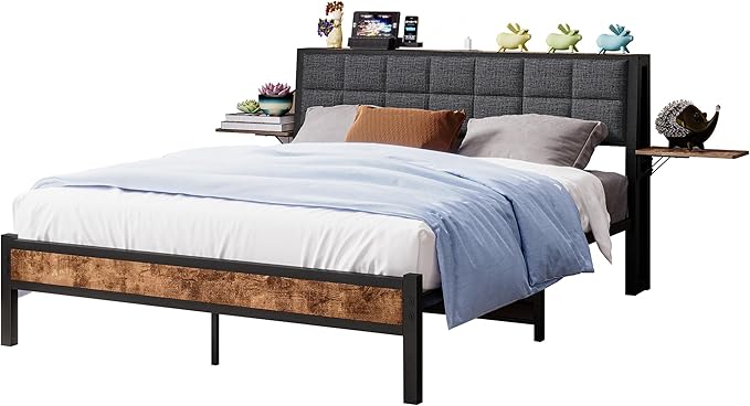 Full Size Metal Bed Frame with Ergonomic Upholstered Headboard and Charging Station, Platform Bed Frame with Storage Shelves, Heavy Duty Metal Slats, No Box Spring Needed, Brown+Grey