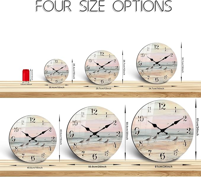 12 Inch Coastal Round Wooden Wall Clock for Farmhouse Decor, Coast Circular Wall-Clock Silent Battery Operated for Kitchen, Bedroom,Home Decorative