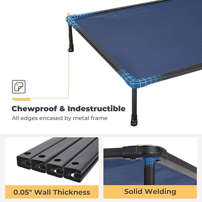 Veehoo Chewproof Elevated Dog Bed - Cooling Raised Pet Cot, Breathable Mesh, Washable & Non-Slip for Large Dogs, Indoor/Outdoor, Blue Mat and Black Frame, 42x30inches (Model CWC2203A03)