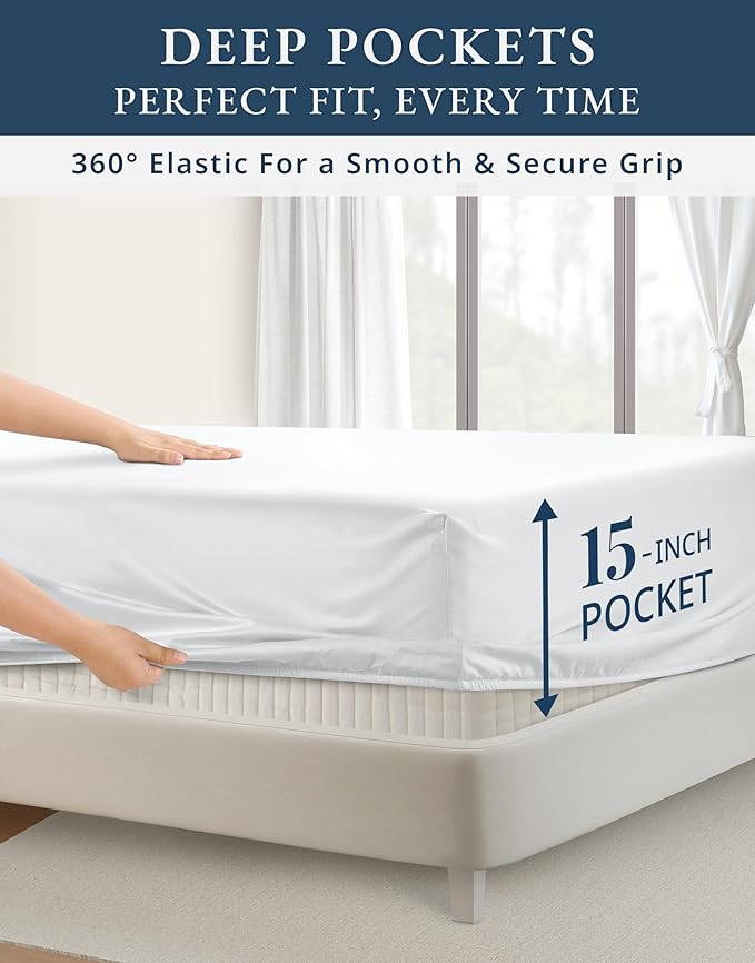 LANE LINEN 100% Egyptian Cotton Sheets, Sustainably Produced Eco Friendly Luxury Hotel Like Thick sábanas King, 15 inch Reinforced French Seam deep Pocket King Sheet Set - Brilliant White