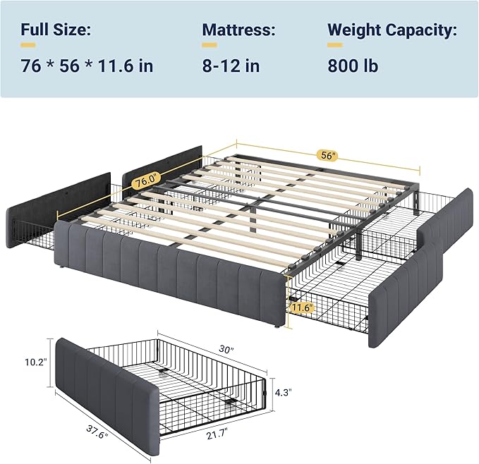 Allewie Full Size Platform Bed Frame with 4 Large Storage Drawers, Velvet Vertical Channel Tufted Upholstered Bed Base, Wooden Slats Support, Noise-Free, No Box Spring Needed, Easy Assembly, Grey