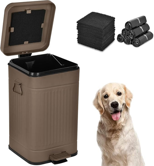 Dog Poop Trash Can with Lid for Outdoors，3.2 Gallon Trash Can with Activated Carbon Filter & Plastic Bags, Pet Waste Container，UP12L-Brown-F+90BK