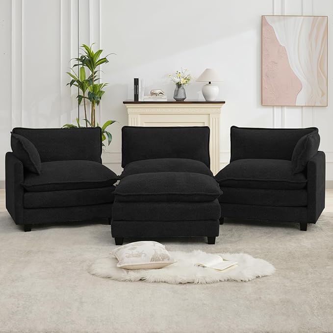 ROWHY Oversized Modular Sectional Couch with Movable Ottoman, 112" Modern Convertible L Shaped Sofa Set, 4 Seat Comfy Cloud Couch with 2 Throw Pillows, for Living Room and Office, Chenille, Black