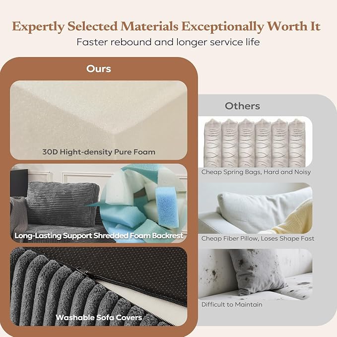 Loveseat Sofa, Cloud Modular Sofa Couch, Upholstered Floor Sofa with Deep Seat, Upholstered Foam Couch for Bedroom Living Room, No Assembly Required (Plush Corduroy Fabric, Grey)