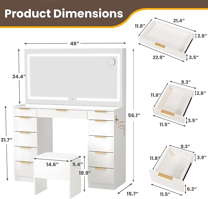Pamapic 11 Drawers Makeup Vanity with Mirror and Chair, Glass Top Vanity Desk with Power Outlet, 3 Lighting Modes Dressing Table with Golden Handles, Silent Slides and Portable Mirror, White