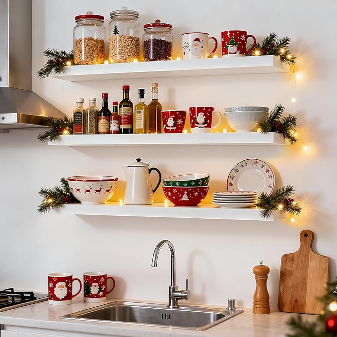 BAYKA White Floating Shelves for Wall, 36 inches Wall Mounted Rustic Wood Shelves for Bathroom, Bedroom, Living Room, for Book/Storage/Decor（Set of 3）