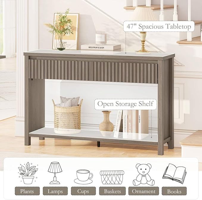 BON AUGURE Console Table with Storage, Entryway Table with Drawers, 47In Couch Tables Behind Sofa, Sofa Tables with Two-Tier Shelf for Living Room, Hallway, Front Door, Greige Oak