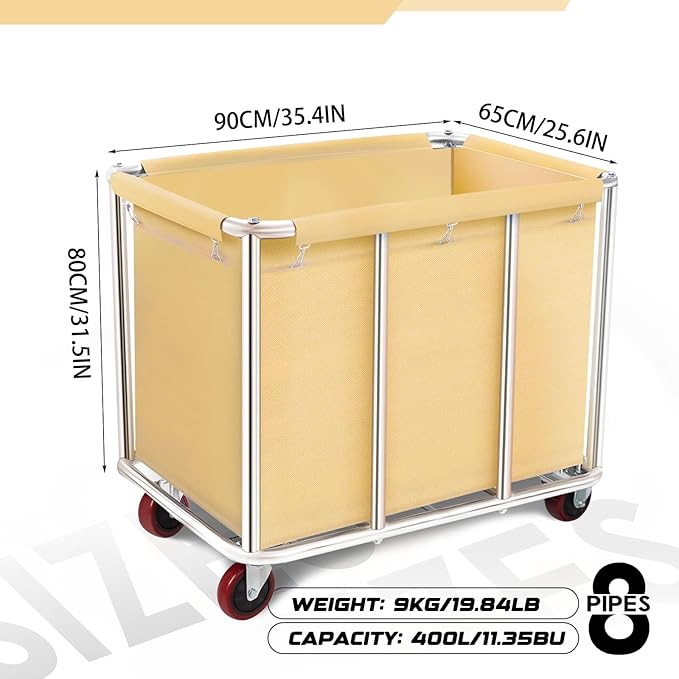 Commercial Laundry Cart with Wheels, 11.35 Bushel Large Laundry Tumbler with Removable Waterproof Canvas Lined Basket, Heavy Duty Stainless Steel Laundry Basket for Hotels and Hospitals