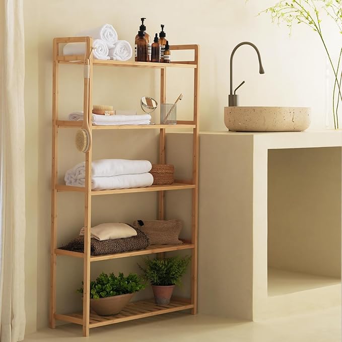 Bamboo Shelf, 5-Tier Bookcase Storage Shelves, Small Book Rack Shelving Unit, Multipurpose Storage Display Shelf for Bathroom Kitchen Living Room Office(5T- Natural)