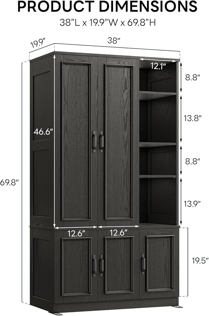 LIKIMIO Armoire Wardrobe Closet 70" H, 5 Doors Bedroom Wooden Wardrobe with 4 Storage Shelves and Hanging Rod, Clothing Storage Cabinet Organizer Combination, Black