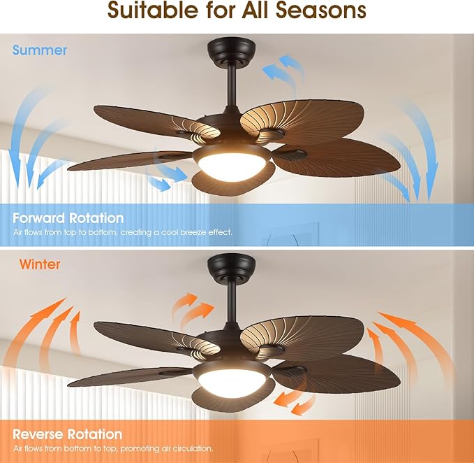 Tropical Ceiling Fans with Lights and Remote/APP Control, 44 Inch Palm Leaf Ceiling Fan with LED Lights, Outdoor Ceiling Fans for Patios Porch, Reversible Quiet Motor, Dimmable, Light Brown