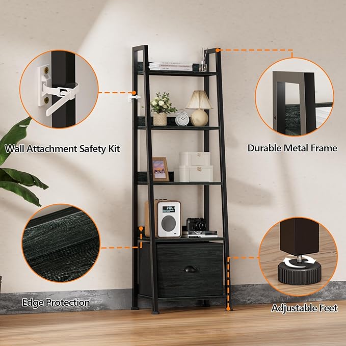 Furologee 5-Tier Ladder Shelf, Narrow Ladder Bookshelf with Drawer, 55.6”Tall Industrial Bookcase Storage Rack Organizer, Freestanding Storage Shelve for Living Room, Home Office, Bedroom, Black Oak