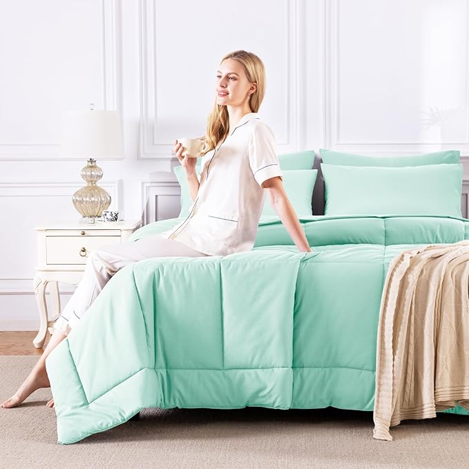 CozyLux King Size Comforter Set Mint Green, 7 Pieces Bed in a Bag, Green Comforter King Size, All Season Bedding Sets with Stitch Quilted Comforter, Flat Sheet, Fitted Sheet, Pillowcases
