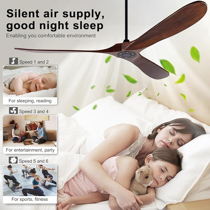 72 inch Ceiling Fan no Light, Quiet Reversible DC Motor Wood Ceiling Fan without Light, 3 Blades Large Modern Ceiling Fan with Remote Control for Outdoor Indoor Farmhouse Patios