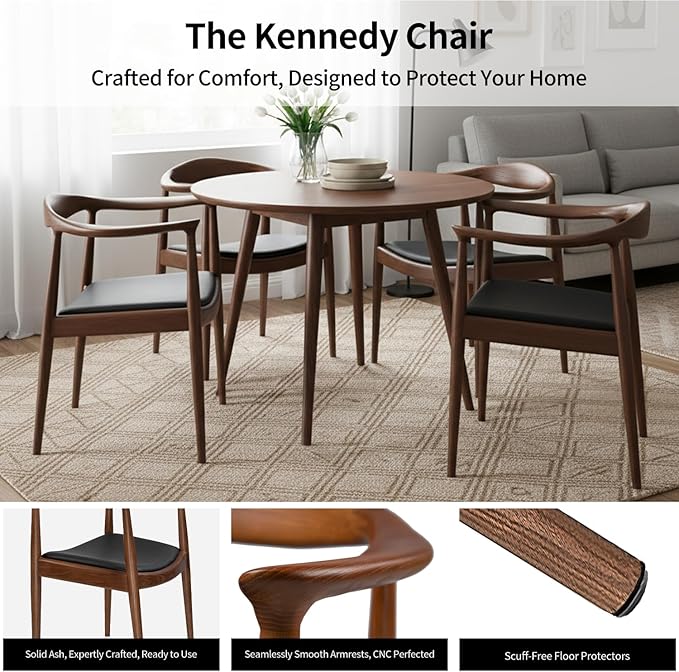 Tomile Upholstered Dining Chair Kennedy Armchair, Mid Century Modern Kitchen & Dining Chairs with PU Leather Cushion Seat, Hans Wegner Elbow Chair for Living Room Bedroom Office (Walnut Color)