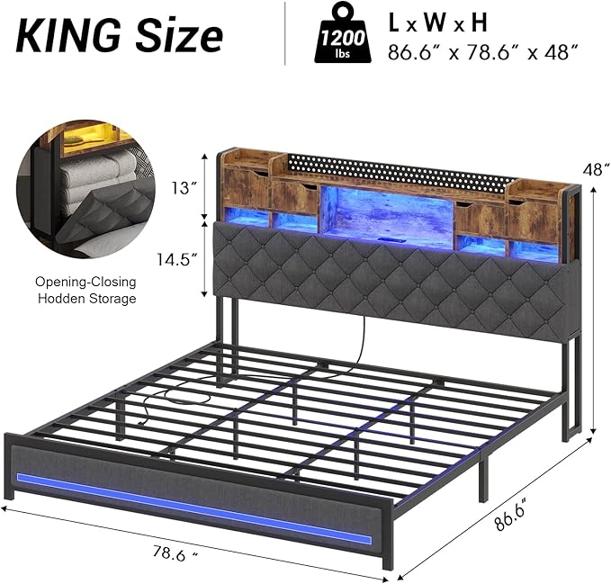 King Bed Frame with Upholstered Headboard, Bed Frame King Size with Hidden Storage,3-Tier Storage Shelves, LED Lights and Charging Station, King Bed with Noise-Free, No Box Spring Needed, Gray