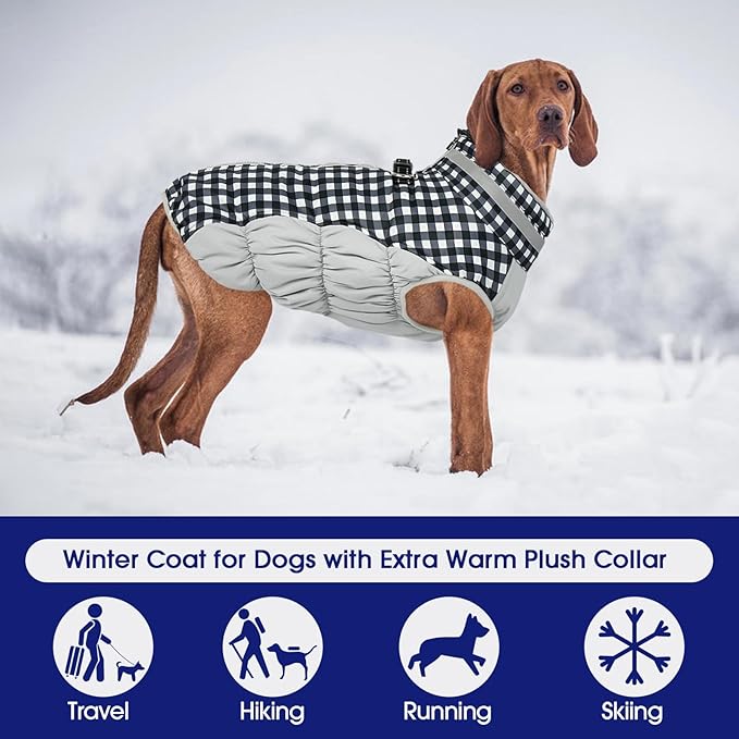 FUAMEY Dog Coat for Medium Dogs,Waterproof Dog Winter Jacket with Harness Built in Puppy Cold Weather Coats Reflective Pet Vest with Zipper Warm Fleece Dogs Snowsuit Windproof Checkerboard M
