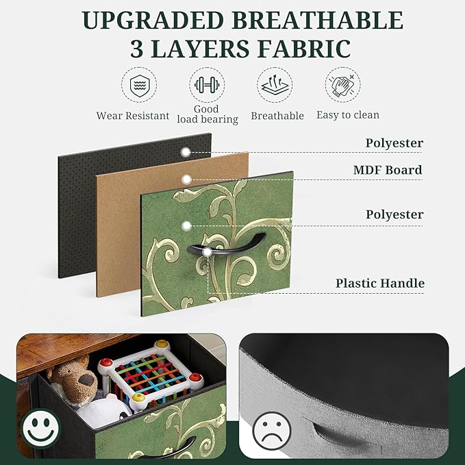 Nightstand, 4 Drawer Dresser End Table Bedside Furniture with Wooden Top Steel Frame Fabric Bins for Bedroom, Closet, Entryway, Dorm, Living Room, Floral Painted