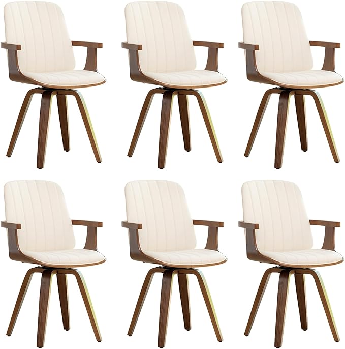 Swivel Dining Chairs Set of 6, Mid Century Modern Dining Chairs with Walnut Craftsmanship, Upholstered Faux Leather , Wooden Arms and Legs, Kitchen Chairs with Arms for Kitchen/Living Room - Beige