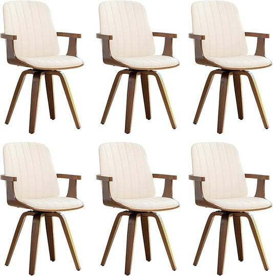 Swivel Dining Chairs Set of 6, Mid Century Modern Dining Chairs with Walnut Craftsmanship, Upholstered Faux Leather , Wooden Arms and Legs, Kitchen Chairs with Arms for Kitchen/Living Room - Beige