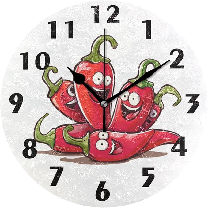 Cartoon Chili Pepper Wall Clock Round Silent Non-Ticking Battery Operated Clocks 10 Inch White Black Home Decor for Kitchen Bedroom Living Room