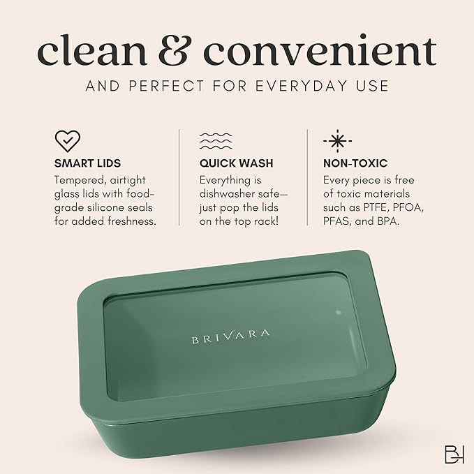 Ceramic Coated Glass Food Storage Container | No PTFE, PFOA, PFAS, and BPA | Reusable Non Toxic Meal Prep Container with Glass Lid | Easy To Store | 11 Cup Rectangle [Pine]