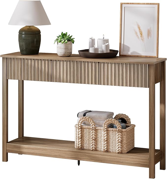 Treocho 47" Console Table with Drawers, Fluted Narrow Entryway Table with Open Shelf, Farmhouse Sofa Table Behind Couch for Hallway, Living Room, Brown Walnut