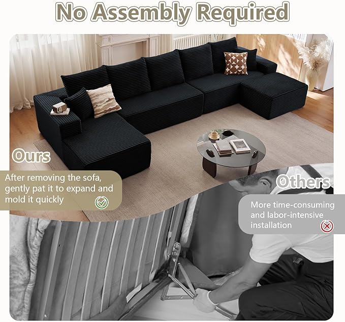166.9" L-Shape Sofa with Ottoman, Modern Modular Sectional Comfy U-Shape Cloud Couch, Deep Seat, Upholstered Corduroy Sleeper Chaise Longue for Living Room Bedroom, No Assembly Required, Black