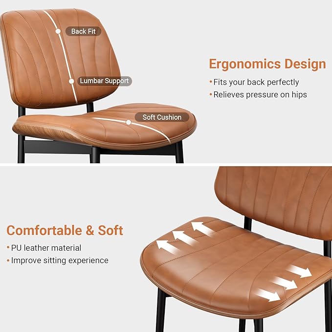 Dining Chairs Set of 6, Dining Room and Kitchen Chairs, Mid Century Modern Accent Chair, Upholstered PU Leather Chairs for Vanity with Walnut Bentwood and Metal Legs, Light Tan