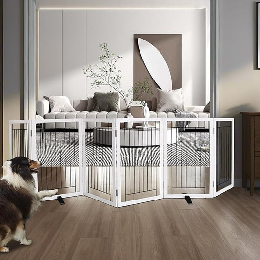 ZJSF Freestanding Dog Gate Indoor, Foldable Dog Fence for Doorways,Hallways or Stairs, Sturdy Wood Extra Wide Pet Gate with Support Feet,White,32 "Height-6 Panels
