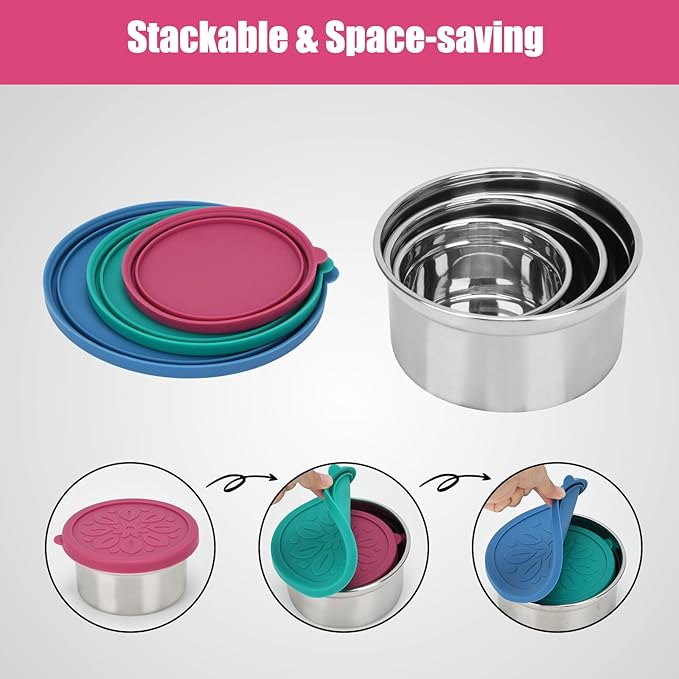 304 Stainless Steel Snack Containers, 3pcs Food Storage Containers with Leakproof Silicone Lids Lunch Box Dressing Containers for Condiments Dishwasher & Freezer Safe