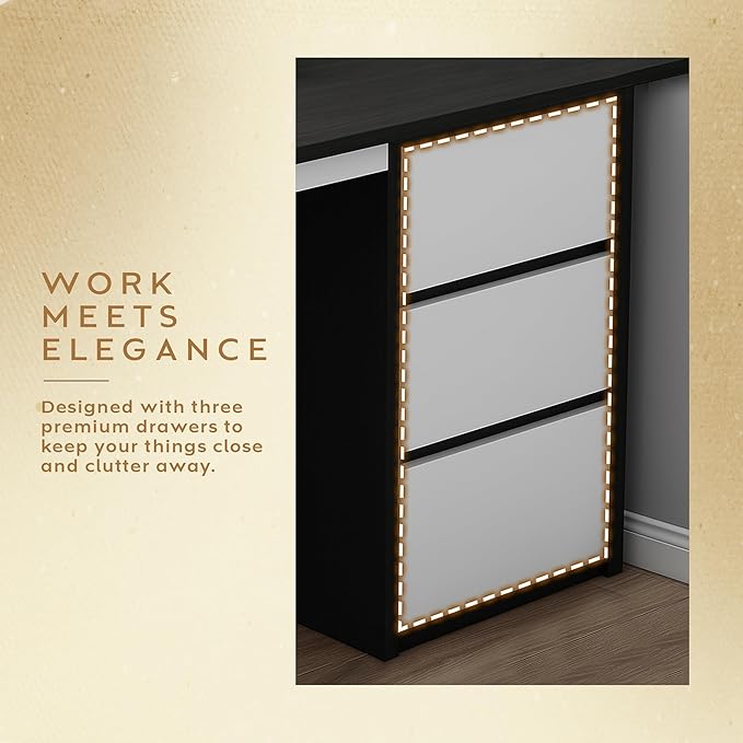 Premium Modern Wooden Computer Desk White Wooden Drawers & Bookshelf - Black Wood Top Writing Table with Strong Iron Frame for Home Office & Study 47.24W x 19.68L x 29.13H Inches