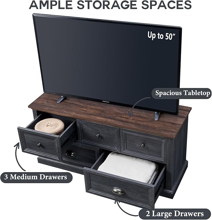Farmhouse 5 Drawers Dresser for Bedroom, 45" Wide Chest of Drawers, 21" Tall Storage Closet Bench Storage Chest Storage Trunk, Wood Rustic Dresser for Closet, Living Room, Hallway, Dark Grey