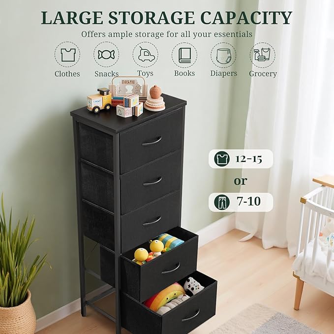 Nightstand, 5 Drawer Dresser End Table Bedside Furniture with Wooden Top Steel Frame Fabric Bins for Bedroom, Closet, Entryway, Dorm, Living Room, Black