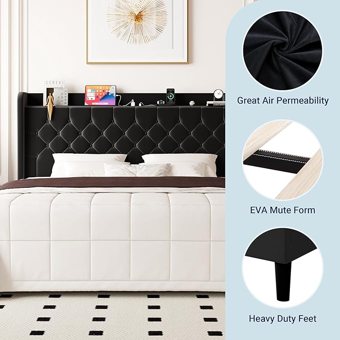 Allewie King Size Bed Frame, Storage Headboard with Charging Station, Wingback Velvet Upholstered, Diamond Stitched Button Tufted, Sturdy Wooden Slats, No Box Spring Needed, Easy Assembly, Black
