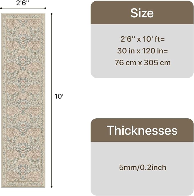GENIMO Floral Washable Runner Rug 2’6”x10’, Non-Slip Long Hallway Carpet for Entryway, Kitchen, Indoor Floor Use, Vintage Boho Soft Thin Rug Décor, Beige Pink