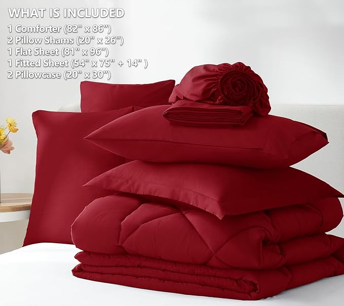 CozyLux Full Size Comforter Sets Dark Red - 7 Pieces Bed in a Bag Full, Luxury Soft Bed Set for All Seasons, Bedding Set with Down Alternative Comforter, Sheets, Pillowcases & Shams