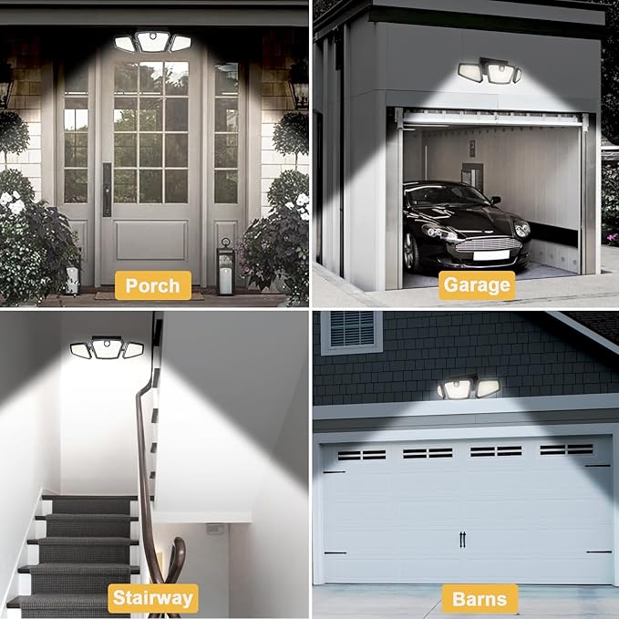 Motion Sensor Lights Indoor/Outdoor 2 Pack 2100LM, 6500K Wireless IP65 Waterproof 3 Heads Outdoor Battery Powered Flood Lights for Garage, Porch, Basement, Barns, Yard, Home Security