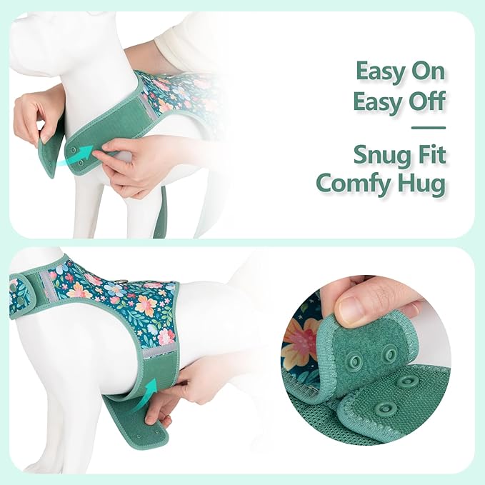 Dog Harness for Small Sized Dog,Hook-and-Loop Easy On/Off, Reflective Adjustable Soft Mesh Vest for Puppy (Green Floral Print,XS)