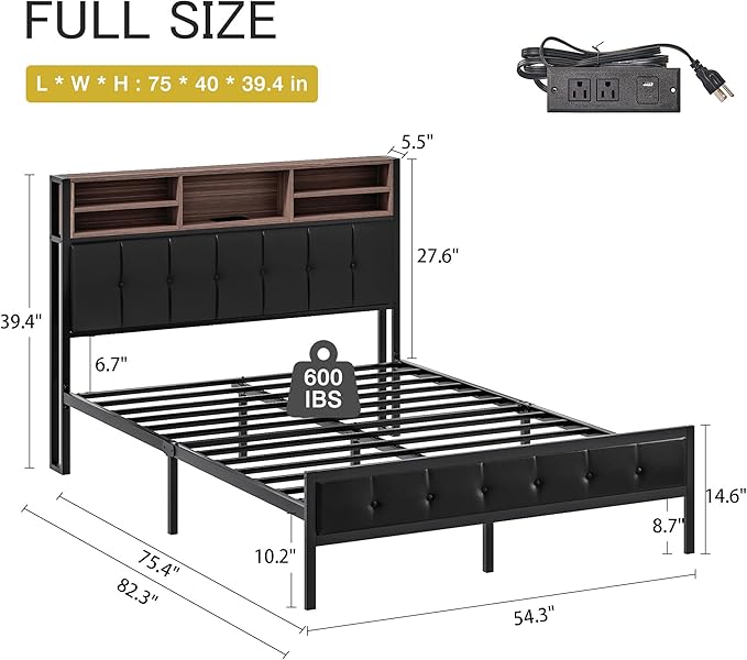 VECELO Farmhouse Metal Bed Frame Full Size with Wooden Headboard & Footboard, Solid Platform Mattress Foundation with Storage, LED Light, Charging Station, USB Ports, Noise-Free, Easy Assembly, Black