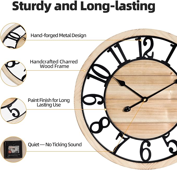 Maxstar 24'' Wall Clock for Living Room Decor, Ultra-Silent Rustic Wooden Farmhouse Wall Clock with Metal & Real Wood Frame, Battery Operated, for Kitchen Bedroom Office, Arabic Numerals