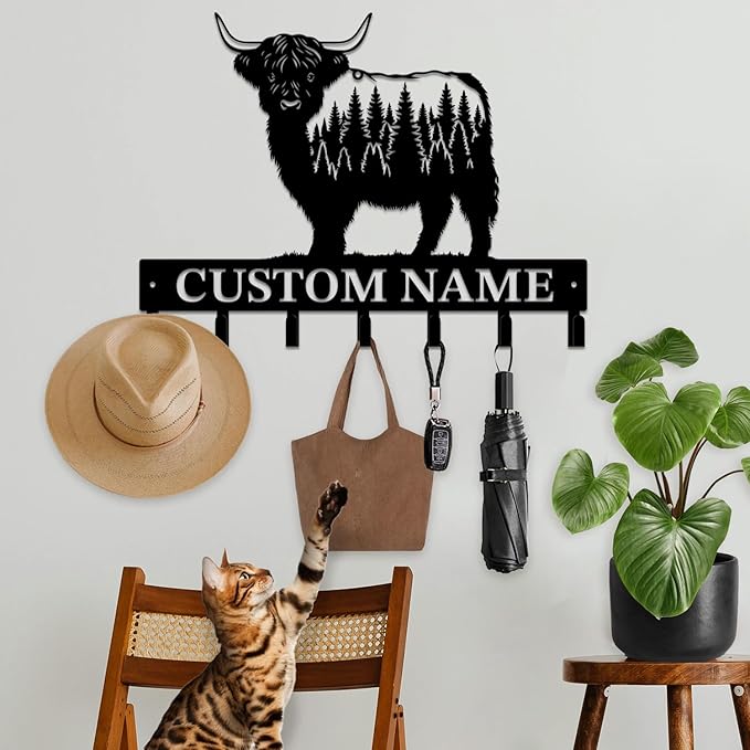 Personalized Highland Cow Metal Keys Hooks,Custom Name Metal Highland Cow Keys Hooks,Black Metal Highland Cow Wall Home Storage Decorative Keys Hooks,Key Holder Hooks for Wall (Style H)