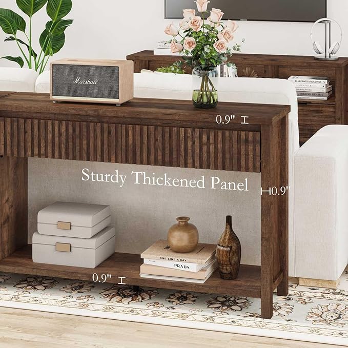 BON AUGURE Console Table with 2 Drawers, 47In Entryway Table with Storage, Sofa Tables with Two-Tier Shelf, Narrow Farmhouse Fluted Couch Tables for Living Room, Rustic Oak