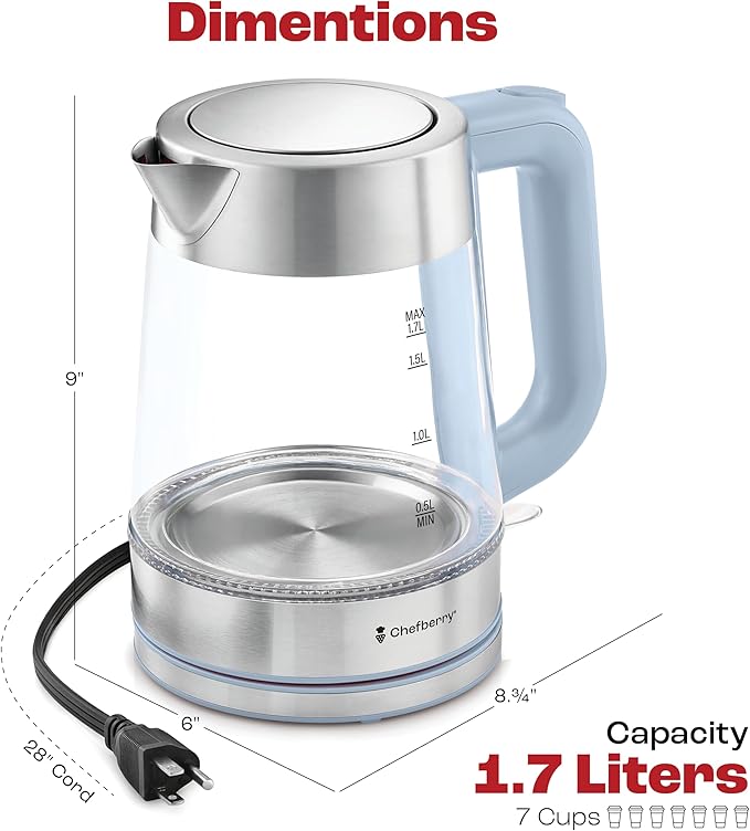 Electric Kettle for Boiling Hot Tea & Water | 1.8L Stainless Steel Borosilicate Glass Boiler With No Plastic, Automatic Shutoff, BPA Free, Fast Heating Technology